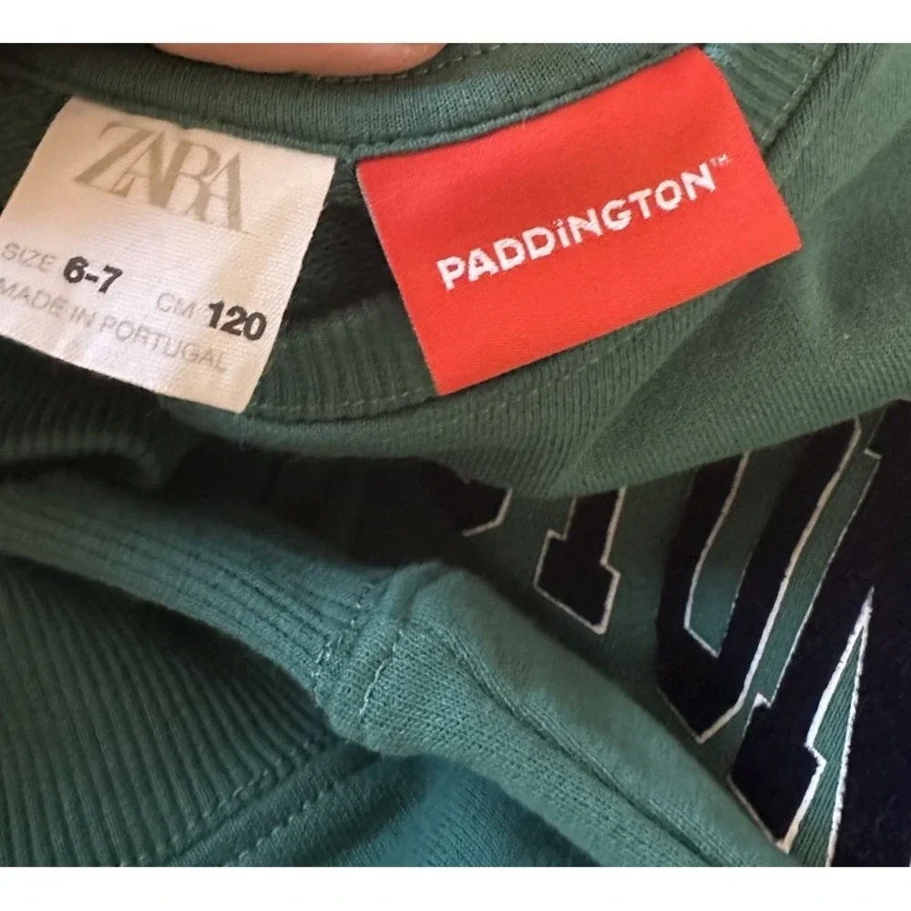 Zara Paddington Bear Crewneck Sweatshirt Kids Size 6-7 Green London Cotton New